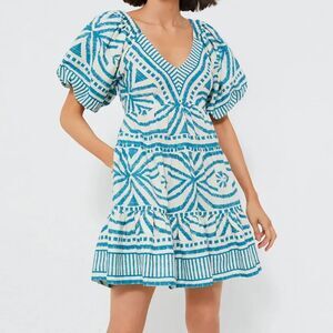 Omika Ila Mini Dress Puff Sleeves Pockets in Jolie Lagoon Size XS Vacation